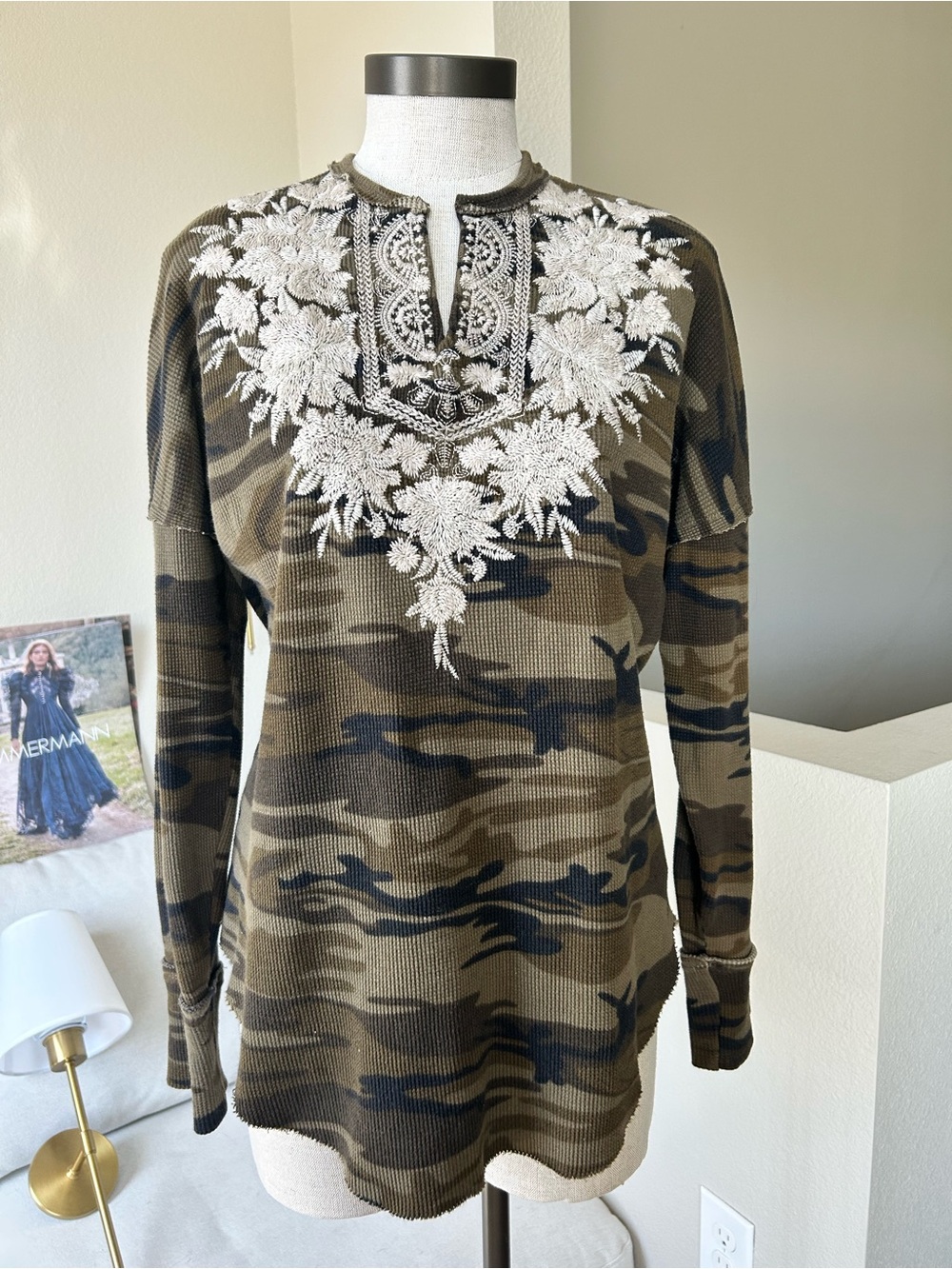 Johnny Was Christina Embroidered Floral V Neck Thermal Top in Camo Size Medium.